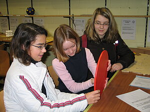 Im Bild sieht man, wie Schülerinnen gerade die Kreiszahl Pi mittels Experiment bestimmen.